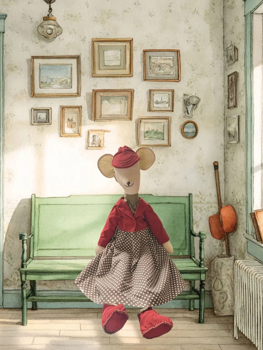 Colette the Charming Muse, a handmade mouse doll