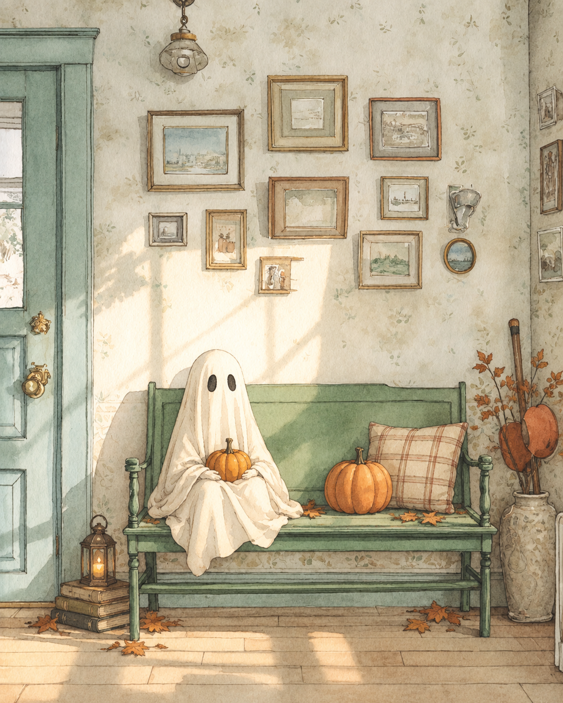 A Mary Cuddles ghost mouse doll sitting on a green bench with pumpkins