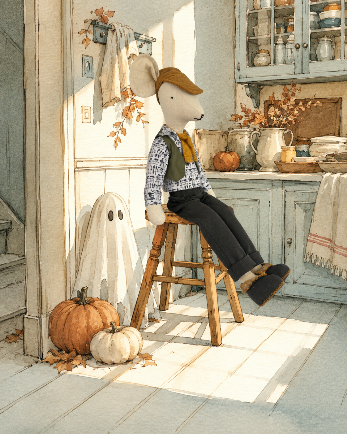 A Mary Cuddles mouse doll in Halloween costume standing in a cozy cottage kitchen