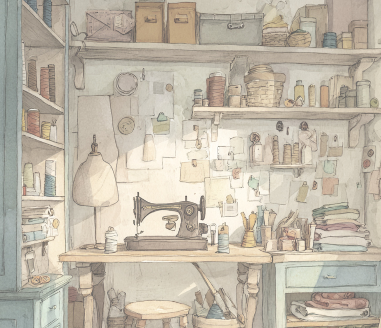 Mary's sewing atelier with a vintage sewing machine and soft window light